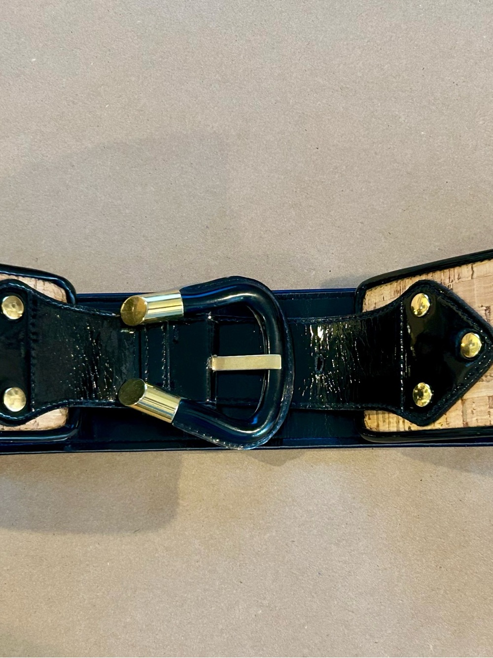 Carlisle Wide Black Patent Leather Cork Inset Belt with Gold Hardware Sz L. EUC - Picture 6 of 7